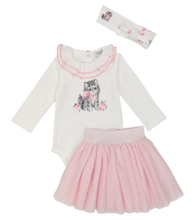 Monnalisa Baby Cotton Onesie, Skirt And Headband Set In White