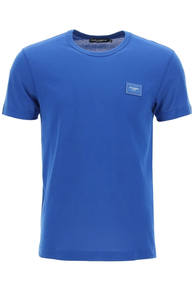 Dolce & Gabbana Cotton T-shirt With Logoed Plaque In Blue