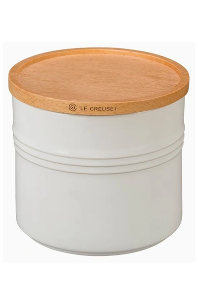 Le Creuset Glazed Stoneware 1 1/2 Quart Storage Canister With Wooden Lid In White