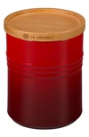 LE CREUSET GLAZED STONEWARE 2 1/2 QUART STORAGE CANISTER WITH WOODEN LID,PG1519-1467