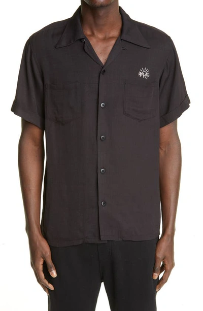 Visvim Irving Camp-collar Logo-embroidered Printed Twill Shirt In Black