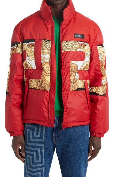 Versace Greca-print Padded Jacket In Rot