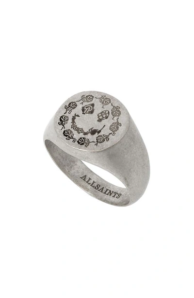 Allsaints Engraved Smile Sterling Silver Signet Ring In Warm Silver