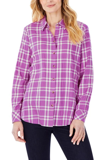 Foxcroft Rhea Plaid Button-up Tunic Shirt In Rose Frost