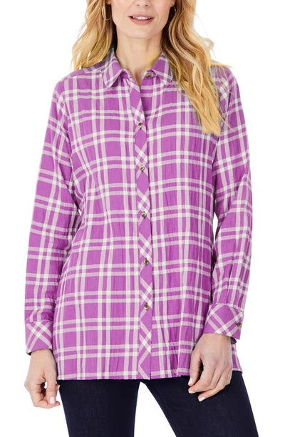 Foxcroft Santino Plaid Button-up Tunic Shirt In Rose Frost