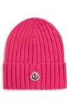 Moncler Pink Wool Hat With Logo Patch In 559 Dark Pink