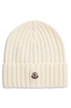 Moncler Ribbed-knit Logo-patch Virgin Wool Beanie In 030 White