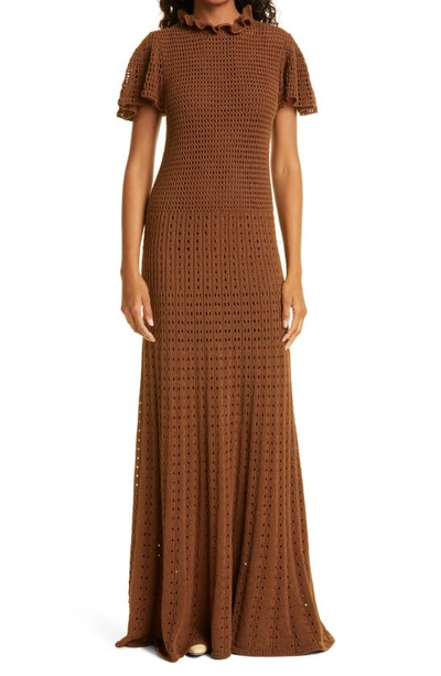 Rebecca Taylor Flounce Sleeve Cotton Blend Crochet Maxi Dress In Chocolate