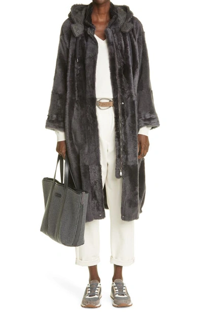 Brunello Cucinelli Genuine Shearling Long Coat With Removable Hood In Charcoal