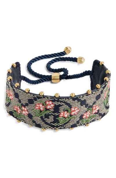 “Tory Burch” T Monogram×Floral Embroidery Bracelet Tory Burch T Monogram Logo & Floral Embroidery Slider