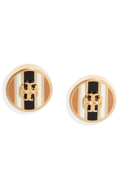 Tory Burch Kira Striped Enamel Logo Stud Earrings In Gold-tone In Tory Gold/black/ivory/camello