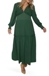 Standards & Practices Floral Smock Waist Long Sleeve Georgette Maxi Dress In Green