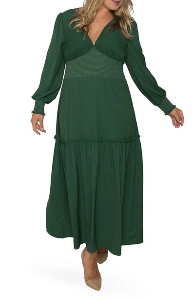 Standards & Practices Floral Smock Waist Long Sleeve Georgette Maxi Dress In Green