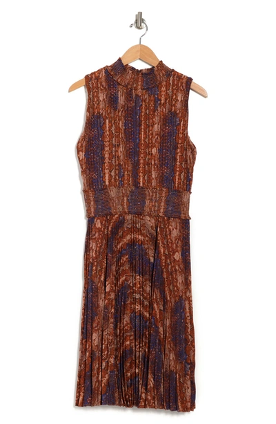 Nanette Lepore Nanette  Snake Print Sleeveless Pleated Dress In Brown 446-1