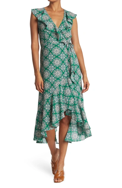 max studio patterned ruffle wrap midi dress Max Studio Patterned Ruffle Wrap Midi Dress In Grnlamed