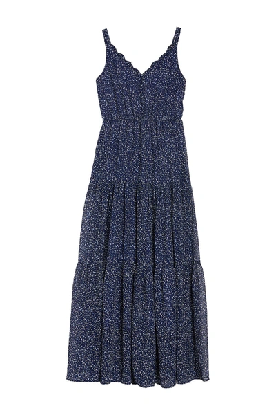 Melloday Scallop Trim V-neck Printed Dress In Blue White Taupe