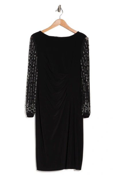Marina Beaded Long Sleeve Sheath Dress In Blk
