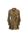 Zimmermann Ruffled Silk-satin Wrap Mini Dress In Khaki