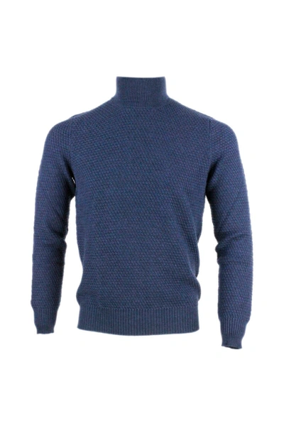 Barba Napoli Turtleneck Sweater With Rice Grain Processing In Pure Wool In Blue