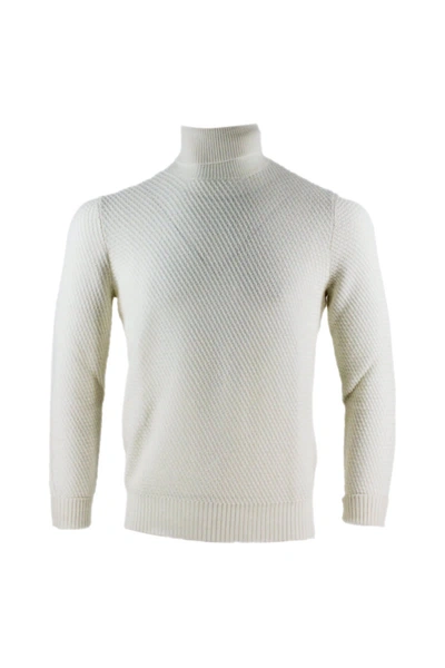 Barba Napoli Turtleneck Sweater With Rice Grain Processing In Pure Wool In White