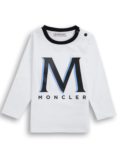 Moncler Babies' Long-sleeved Cotton T-shirt With Logo Print In (bianco/nero)