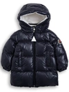 MONCLER BLUE NYLON DOWN JACKET WITH LOGO PATCH,1C5112068950742