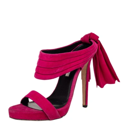 Pre-owned Oscar De La Renta Pink Suede Sandy Bow Detail Sandals Size 38.5