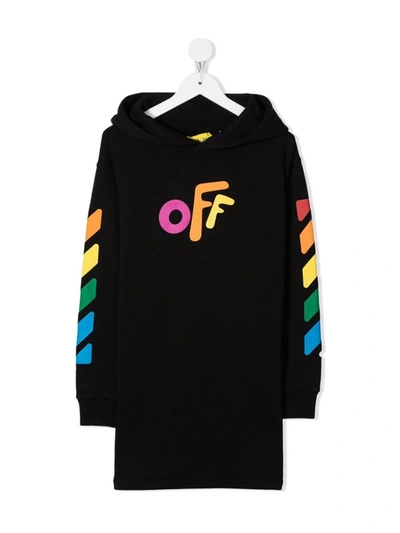 Off-white Girl's Multicolor Logo Diagonal Hooded Dress In Black