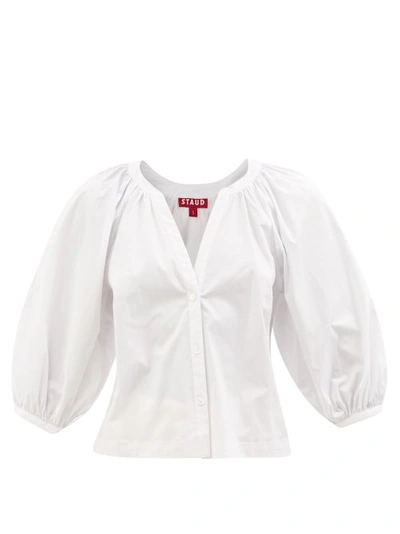 Staud Dill V-neck Cotton-blend Poplin Blouse In White