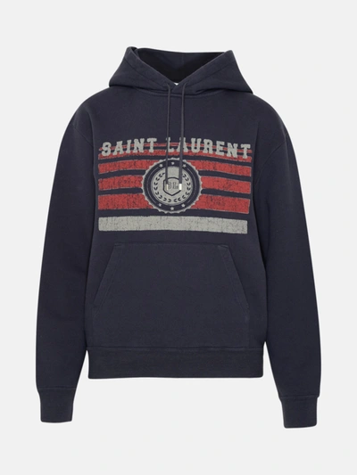 Saint Laurent Charcoal Hooded Printed Cotton Sweatshirt In Grey