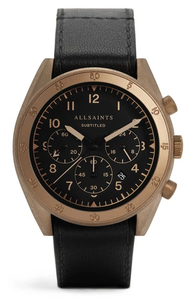 Allsaints Subtitled V Leather Strap Watch, 42mm In Black