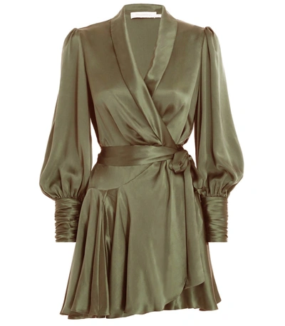 Zimmermann Silk Wrap Mini Dress In Khaki In Green