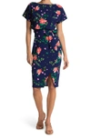 Kensie Boatneck Floral Print Dress In Navy Multi