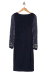 Marina Beaded Long Sleeve Sheath Dress In Nvy