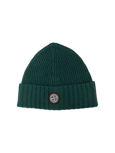 Stone Island Junior Kids' Logo-patch Ribbed-knit Beanie In Green