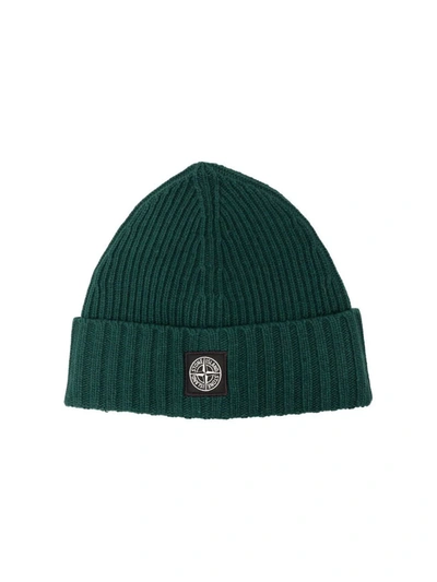 Stone Island Kids' Logo-patch Ribbed-knit Beanie In Green