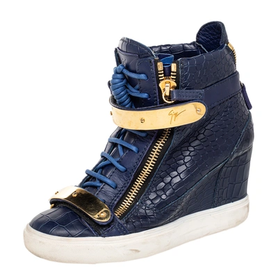 Pre-owned Giuseppe Zanotti Blue Croc Embossed Leather Coby Wedge Trainers Size 38.5