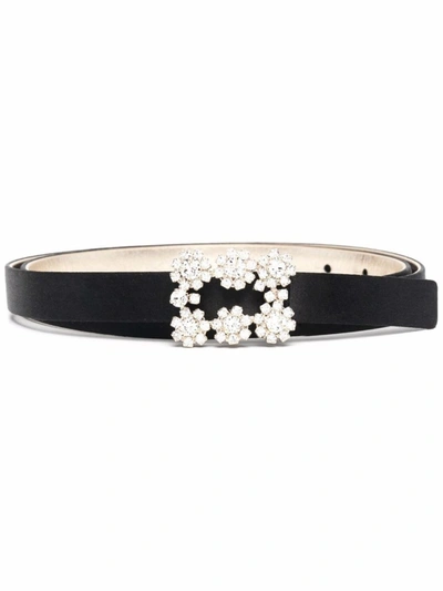 Roger Vivier Flower Strass Buckle Belt In Black Satin In Nero