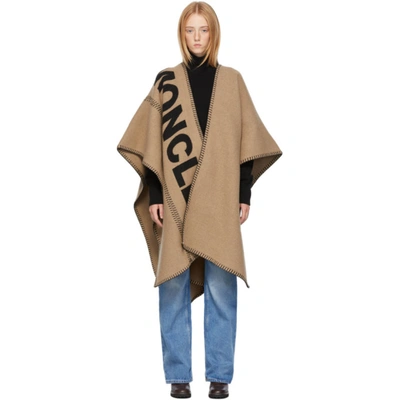 Moncler Womens Sand Logo-print Asymmetric Wool-blend Cape 1 Size In Beige