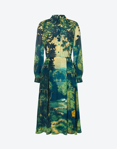 Boutique Moschino Landscape Viscose Silk Pencil Dress In Green