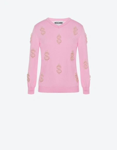 Moschino Pearls Dollars Wool Sweater In Pink