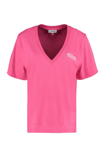 Ganni Thin Software Jersey V-neck T.shirt In Pink & Purple