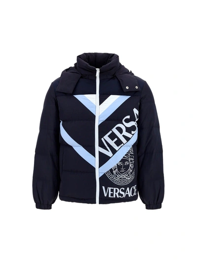 Versace Blue Nylon Down Jacket With Logo Print In Blue,light Blue,white