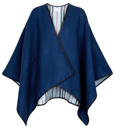 Burberry Reversible Solid To Icon Stripe Wool Cape In Navy