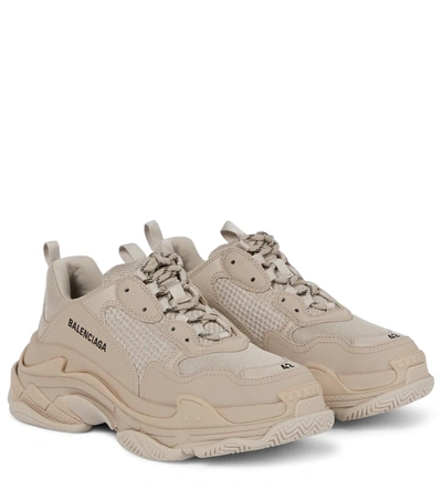 Balenciaga Triple S Logo-embroidered Leather, Nubuck And Mesh Trainers In 베이지