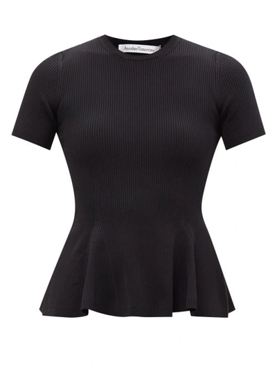 Another Tomorrow Ribbed-knit Peplum T-shirt In Black