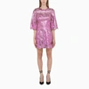 Dolce & Gabbana Metallic Fuchsia Floral Sheath Mini Dress In Pink