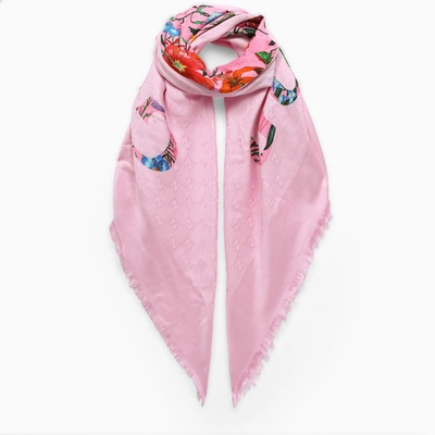 Gucci Pink Jacquard Scarf With Floral Print In Multicolor