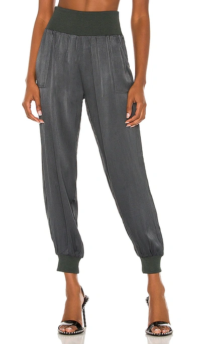 Bobi Black Sleek Textured Pant In Dark Green