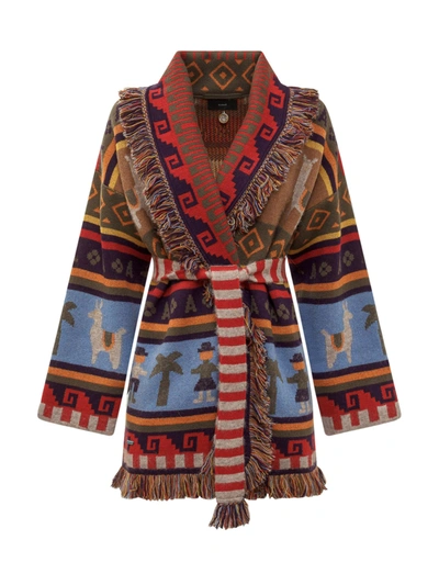 Alanui Icon Fringed Jacquard-knit Cashmere-blend Cardigan In Red,blue,yellow